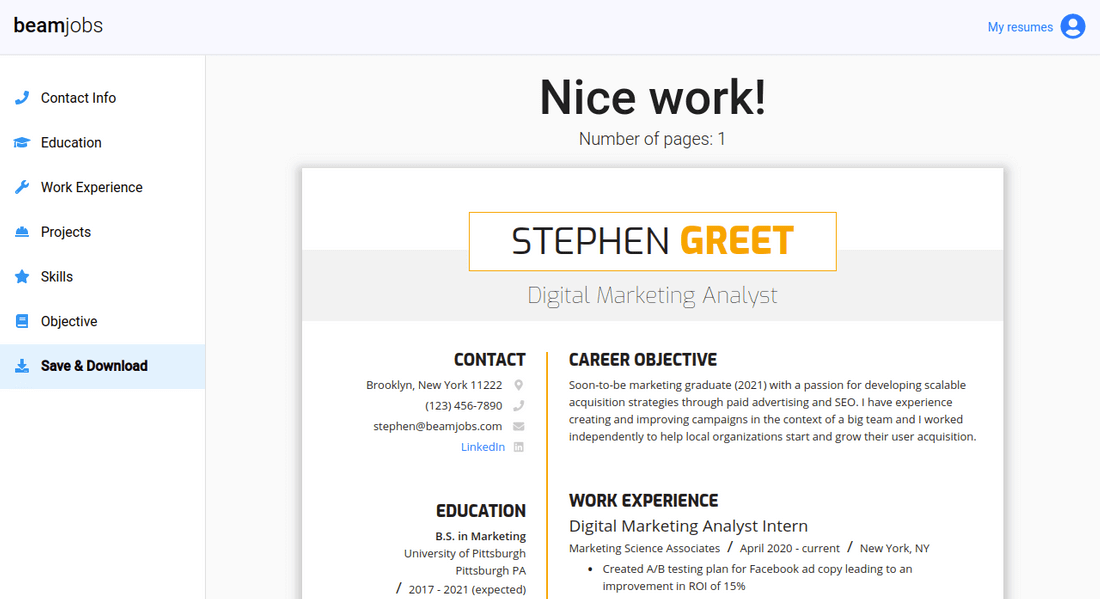 Screenshot of resume builder in action